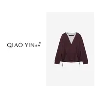 QIAO YIN"卫衣“长袖拼接V领大码衬衫对襟宽松型秋季女QY28376