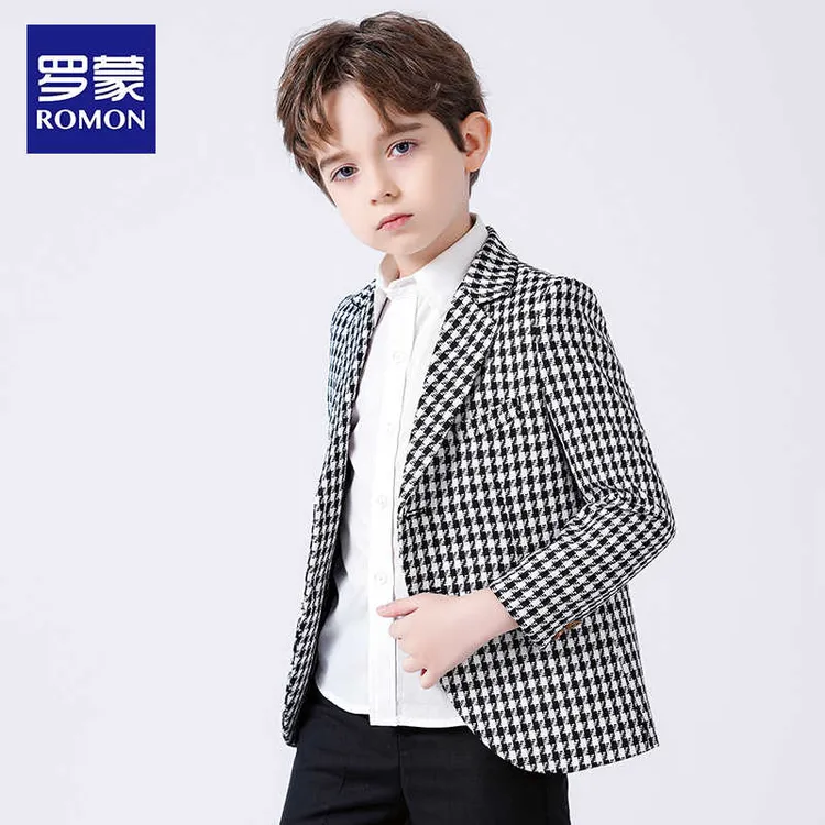 罗蒙男童西装套装2025新款儿童休闲西服韩版外套千鸟格子上衣帅气