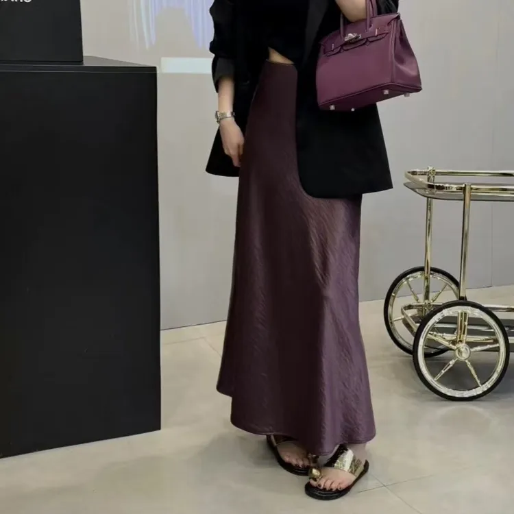 SS25720鎏光缎包臀鱼尾裙高级感丝滑垂感压皱显瘦亮面长款半身裙