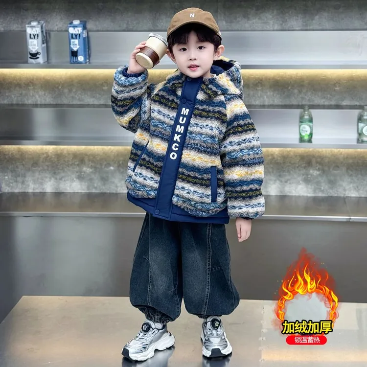 男童加绒外套秋冬季2025新款儿童加厚摇粒绒毛毛衣男宝宝冬装棉衣