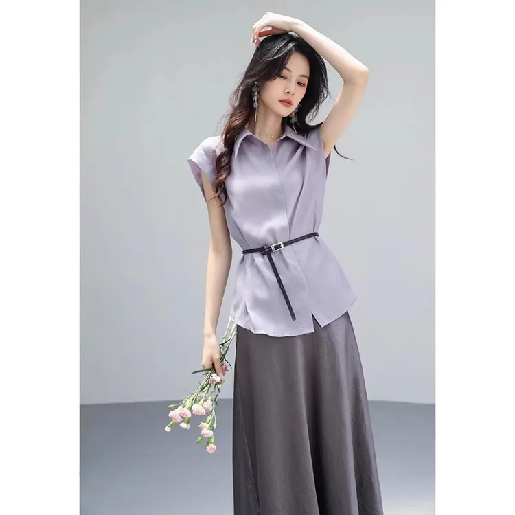 【纪朵研】0567#紫色翻领短袖上衣裙子套装女2025夏新款两件套