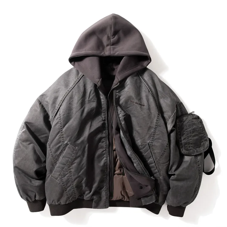 Enbi Simcotton羽绒服男假两件可拆卸帽飞行夹克90白鸭绒冬装外套