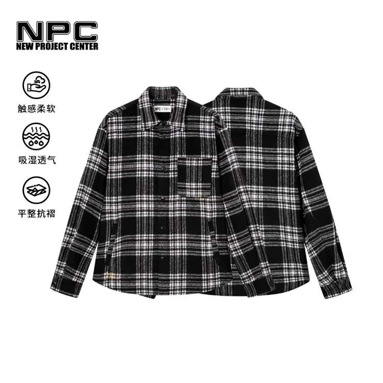 NPC潮牌复古爱心刺绣磨毛黑白格纹衬衫男宽松衬衫外套NP4CSH23 H