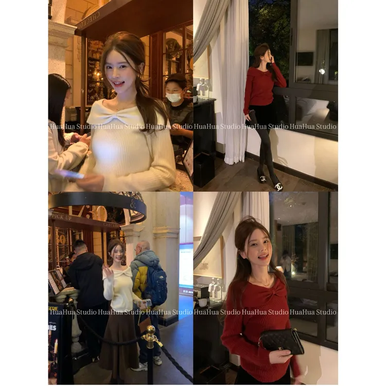 【花花】氛围蝴蝶结～韩系小众温柔法式蝴蝶结一字肩领羊毛针织衫