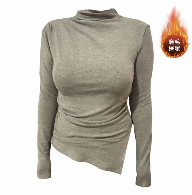 秋冬新款微胖显瘦高领内搭打底衫大码设计感T恤下摆开叉长袖上衣