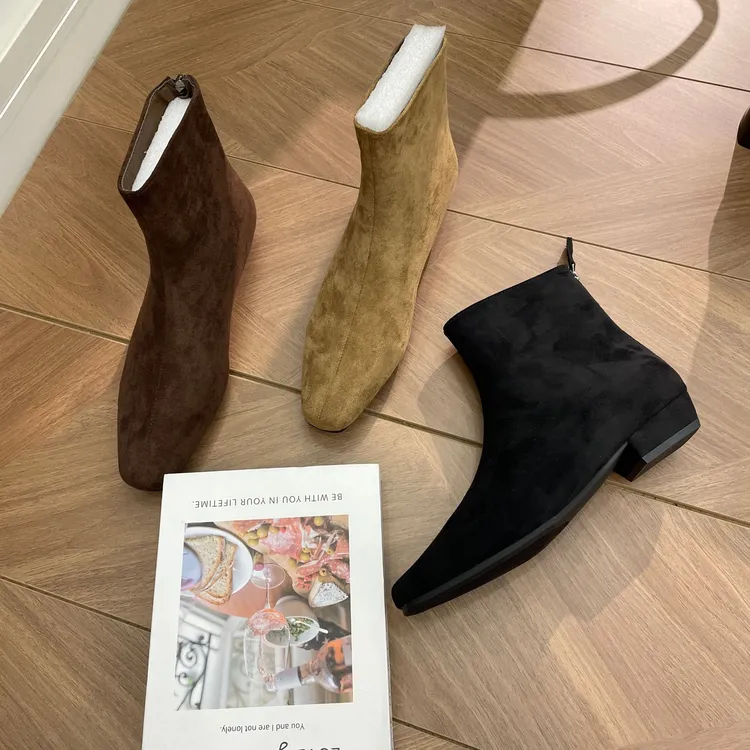 法式短靴小方尖头瘦瘦靴绒面裸靴百搭靴子短靴子2025新款爆款洋气