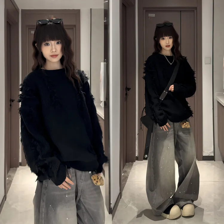 美式街头嘻哈毛边破洞毛衣男秋冬潮牌设计感小众宽松针织衫毛线衣