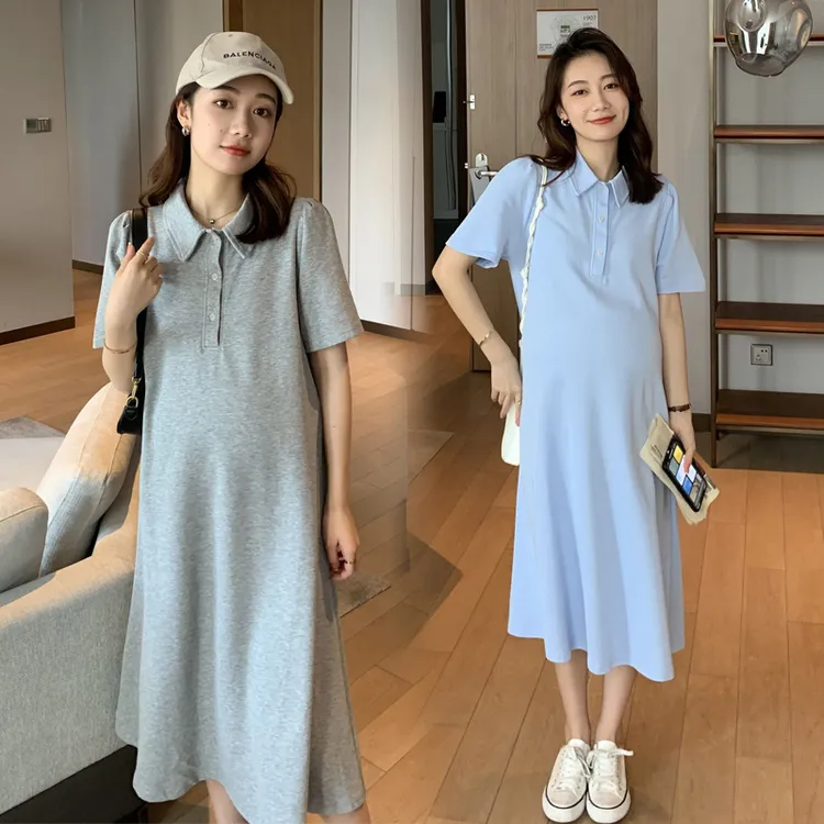 孕妇短袖连衣裙纯色POLO领休闲中长款孕妇T恤裙时尚显瘦孕妇裙