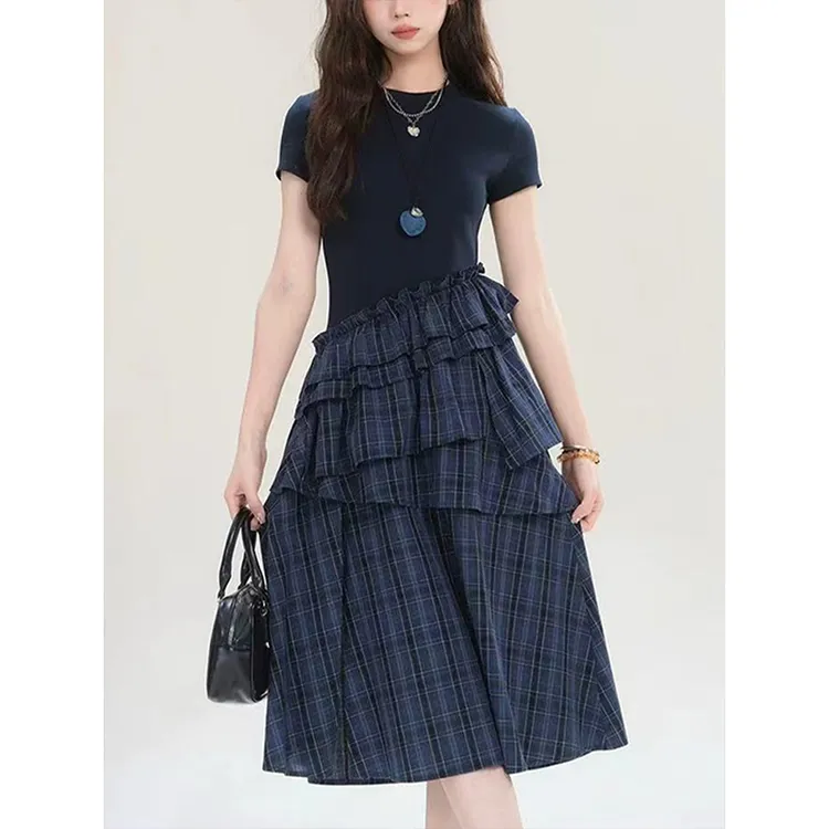 不规则斜摆格纹连衣裙女2025夏季新款韩系小众设计气质蓝色中长裙