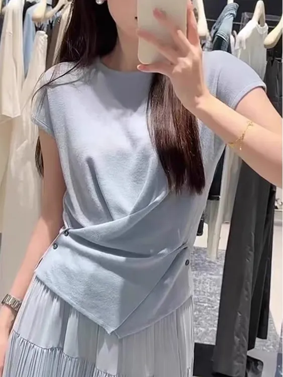 【韩系不规则】交叉小飞袖冰丝针织短袖针织上衣