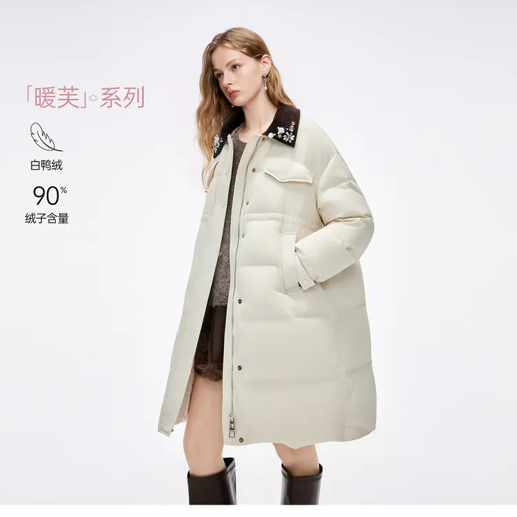 MISSCOCOON可可尼翻领白色外套女2025冬季新款中长款鸭绒羽绒服