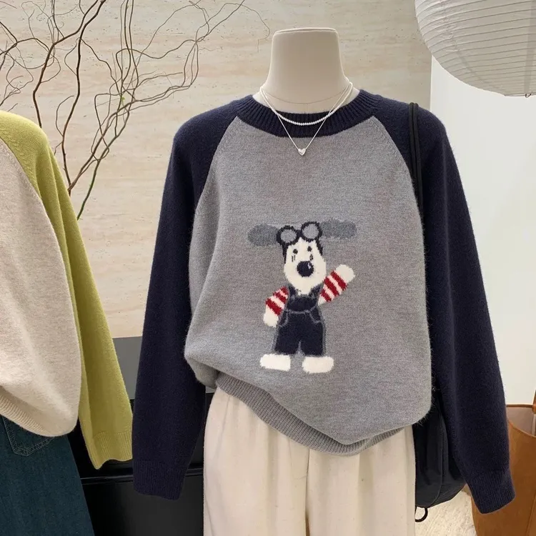 宽松显瘦【80-200斤】小狗刺绣减龄毛衣针织衫女秋冬洋气遮肉上衣潮