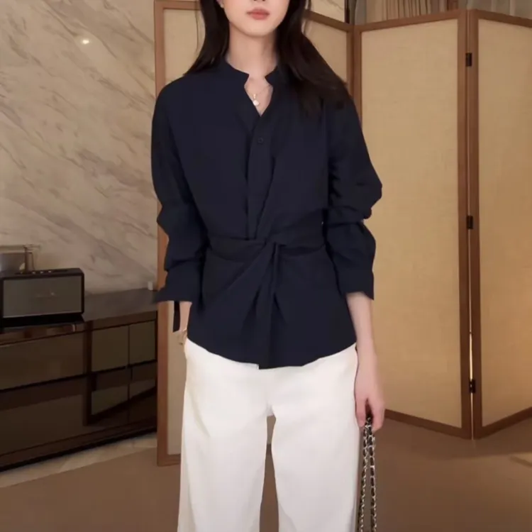 同款私服 柔感扭结设计 收腰两穿衬衫 女士衬衣女装