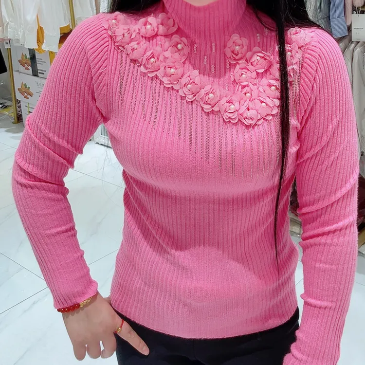 保暖百搭冬季女毛针织衫洋气针织长袖加厚秋季花朵