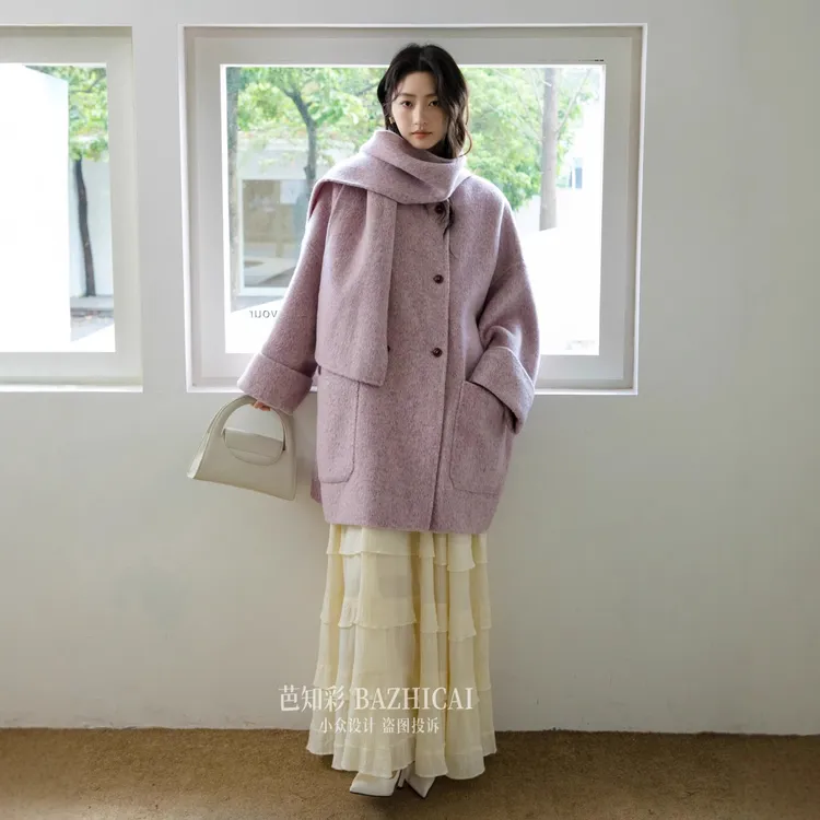 送条大围巾丨真羊驼绒羊毛真丝大衣双面呢桑蚕丝个小子外套9878