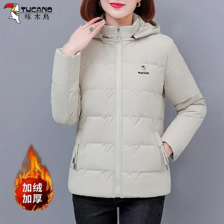 啄木鸟加绒加厚短款棉衣女秋冬2025新款时尚百搭妈妈装保暖外套潮