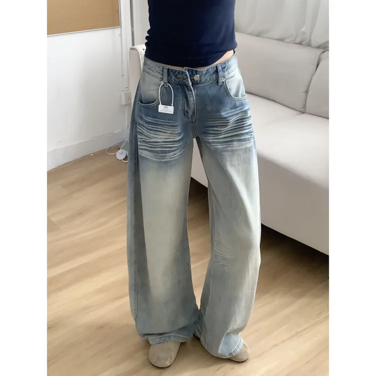 美式水洗折痕阔腿牛仔裤女秋季新款设计感复古宽松显瘦阔腿拖地裤