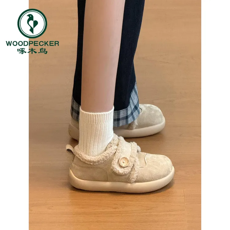 啄木鸟厚底雪地靴女2025冬新款复古加绒加厚棉鞋魔术贴防滑毛毛鞋