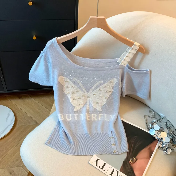 露肩斜领T恤女短袖夏装设计感重工烫钻蝴蝶印花显瘦上衣短款小衫