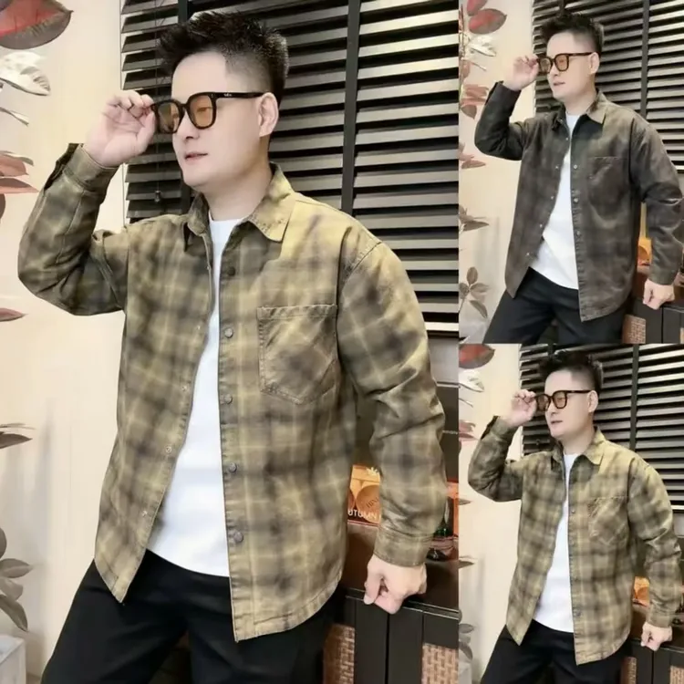 牛仔格子衬衫翻领秋季男士修身休闲时尚潮流韩版长袖外套