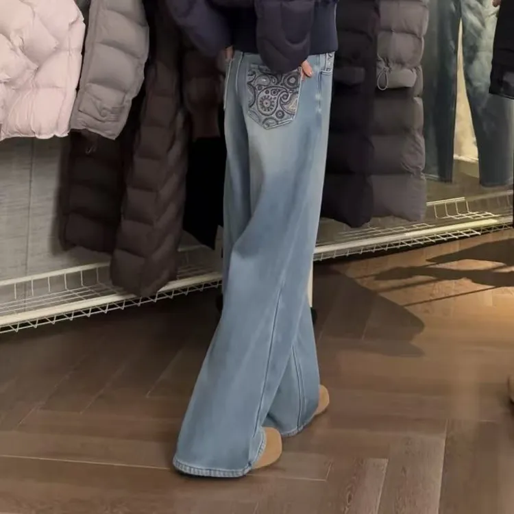 宿慕SUMU宽松休闲加绒阔腿牛仔裤11-17冬季百搭保暖加厚长裤35096