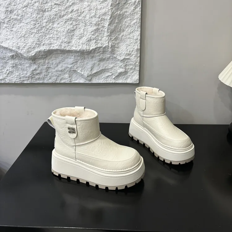 【CBMT官方正品】真皮白色雪地靴女2024冬季新款加绒加厚棉靴保暖