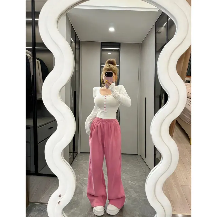 曼曼【甜欲心动组~】秋冬U领彩扣加绒T恤+宽松阔腿裤女3930#2698#