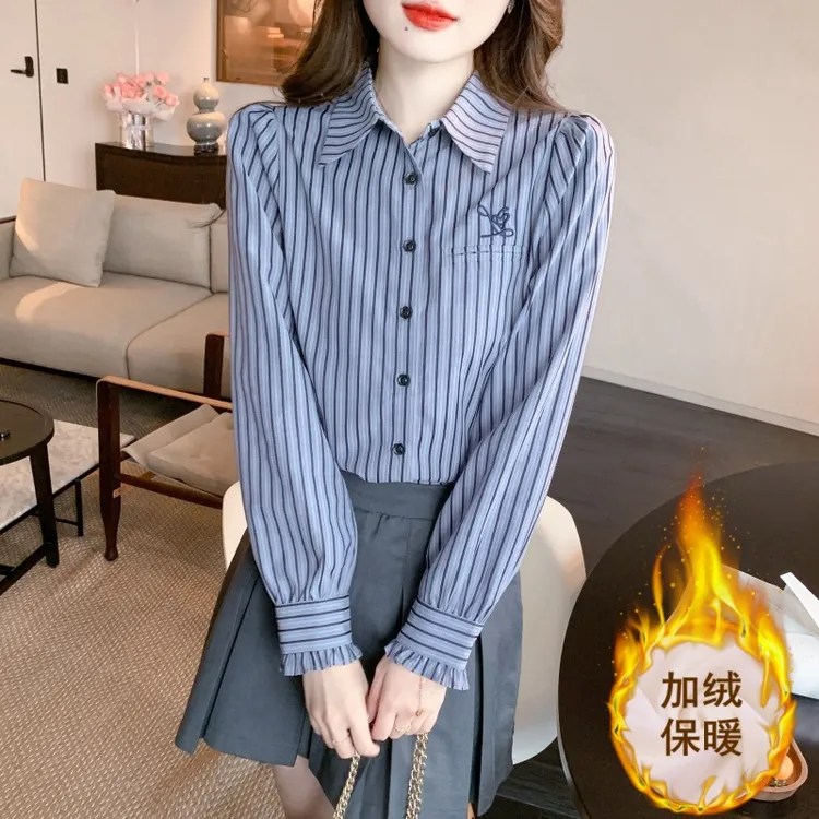 秋冬季2025新款时尚加绒加厚条纹衬衫女长袖刺绣女士衬衣休闲上衣