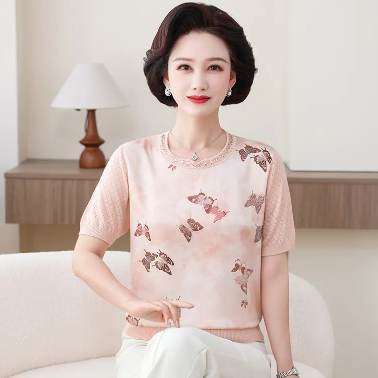 清仓妈妈装夏装短袖莱赛尔小衫洋气中老年女新中式国风上衣