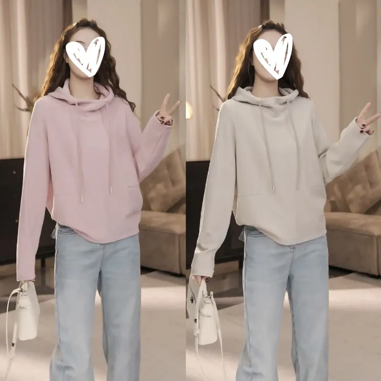 【软糯】冬季加绒纯色连帽百搭卫衣休闲风连帽秋季慵懒风女W1069