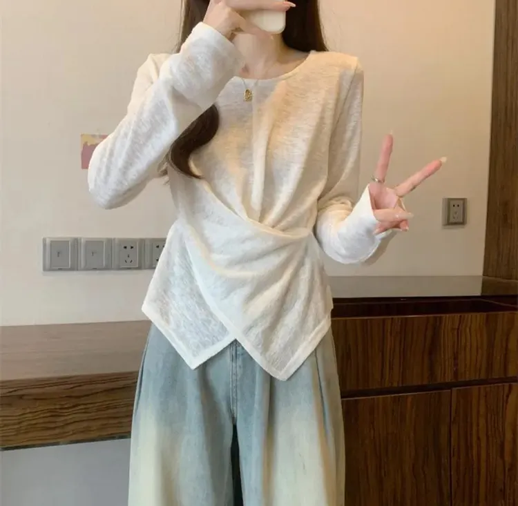 2025新款雪花棉长袖T恤女不规则下摆薄款上衣圆领宽松透气打底衫