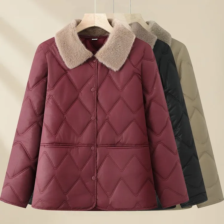 冬季新款毛领棉服PU外套中年妈妈时尚棉衣翻领中年免洗棉袄#106款