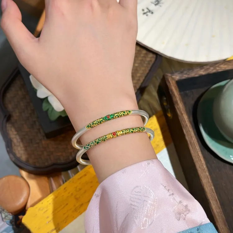 足银手镯 珐琅手镯女足银999.9卷草纹描金银镯子国潮古风闭口实心