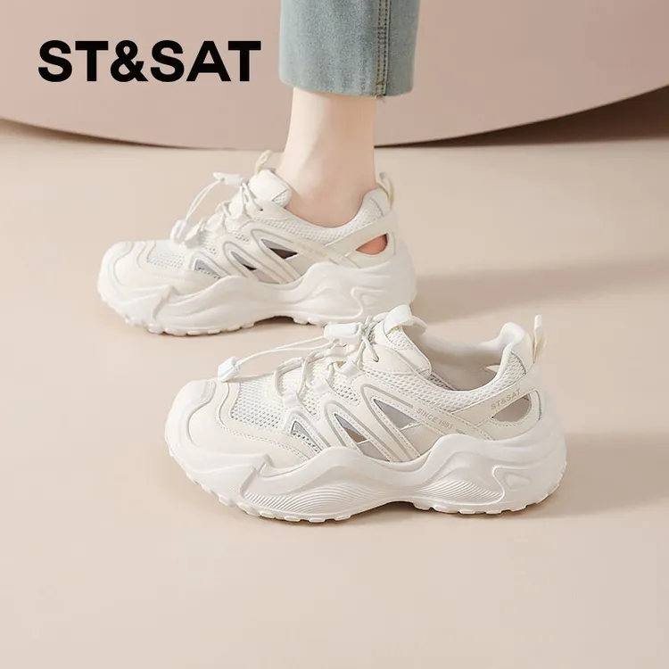 星期六浅口厚底运动鞋女士2025夏季镂空休闲鞋ins透气百搭网面鞋