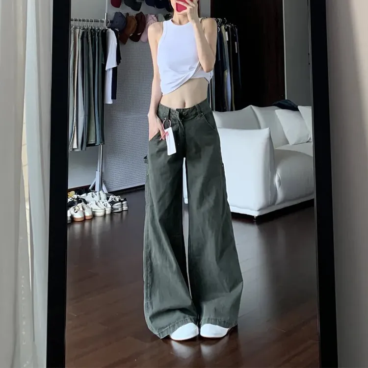 美式街头复古水洗工装牛仔裤女夏季新款宽松显瘦设计感休闲直筒裤