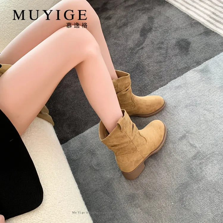 8CM美拉德西部褶皱短靴女堆堆靴英伦复古小个子内增高中筒马丁靴