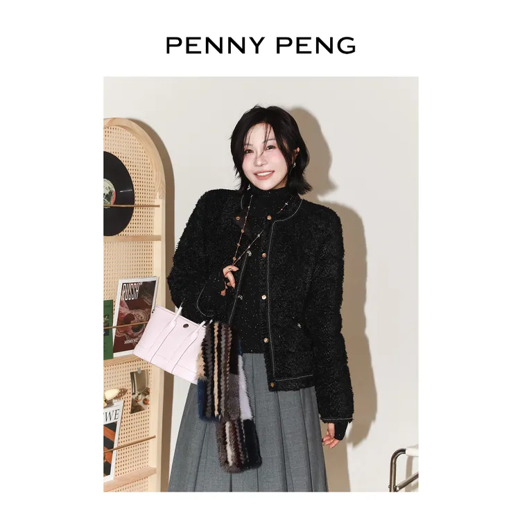 PENNYPENG 收藏册 冬季新款复古粗花呢法式小香风圆领真丝外套