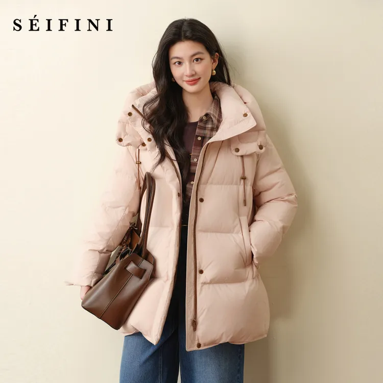 诗凡黎粉色连帽安心羽绒服2025冬保暖短外套7GA180071