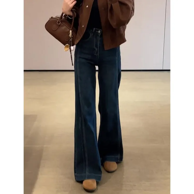 蓝灰色加绒加厚微喇牛仔裤秋冬新款梨型身材百搭显瘦不贴腿喇叭裤