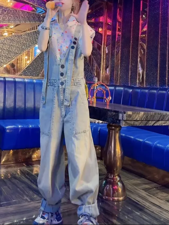 女森说春季新款减龄连体牛仔背带裤微胖大码女装显瘦宽松连体裤