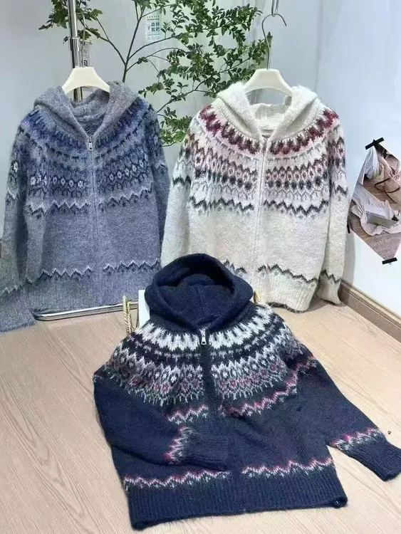 连帽针织衫时尚纯色韩版毛针织衫长袖慵懒风提花宽松