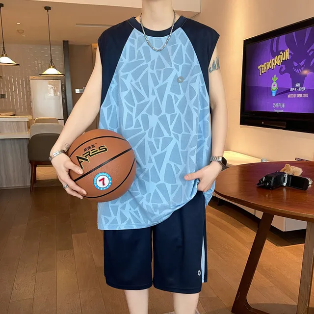 夏季无袖t恤男孩初中学生冰丝速干篮球服运动套装青少年大童背心