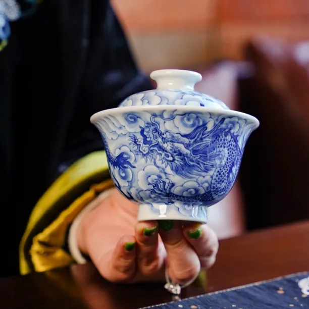 刘建锋窑  云龙盖碗   喝茶纯手工陶瓷喝茶品茗青花茶具  LJF081
