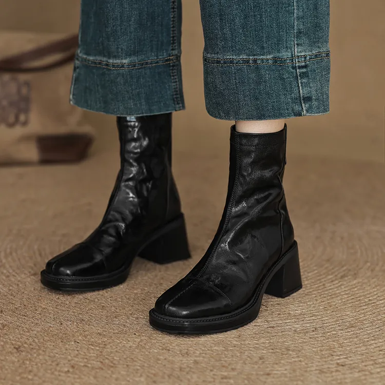 暴走不累！25秋冬高跟方头软皮短靴女百搭通勤粗跟马丁靴瘦瘦靴女
