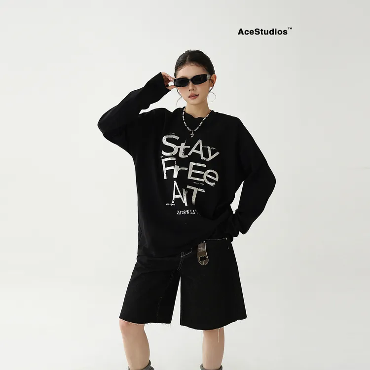 AceStudios秋季美式复古烫银工艺慵懒宽松休闲长袖T恤女罩衫上衣