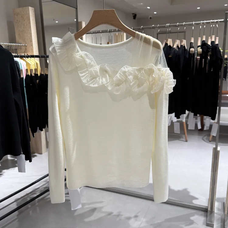 【温婉拼纱】气质斜领立体压花针织上衣欧货秋款纯色百搭气质上衣