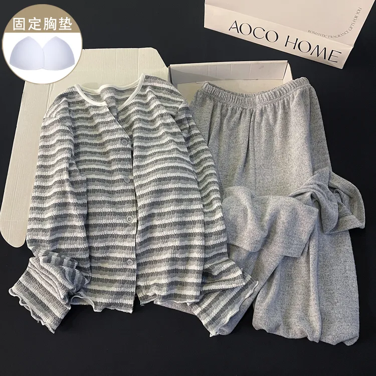 秋冬季新款睡衣女羊绒加厚保暖条纹带胸垫长袖日系ins家居服套装