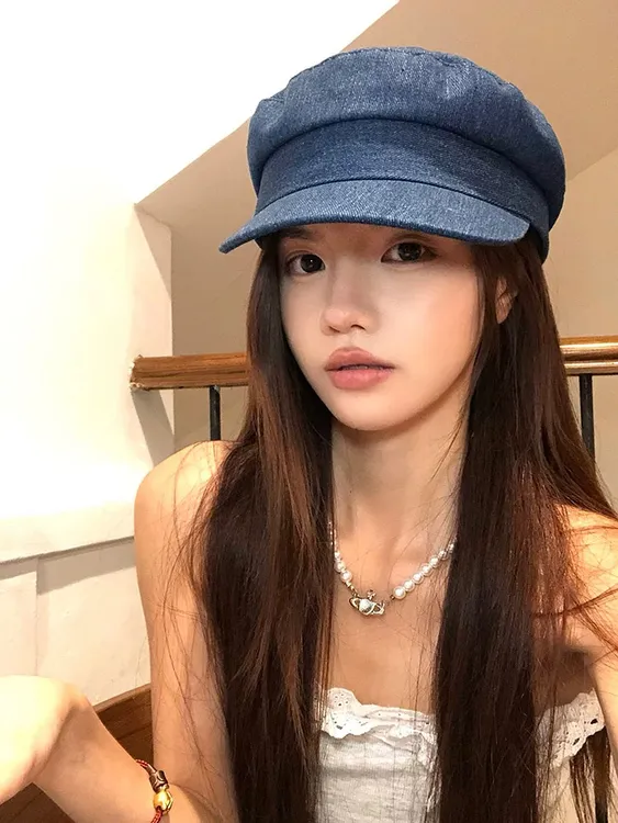 英伦风复古牛仔贝雷帽女2025新款显脸小平顶帽子八角帽时尚画家帽