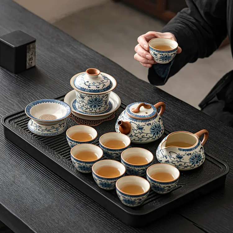 汝窑茶壶6只客人茶杯轻奢高档功夫茶具套装家用客厅办公会客陶瓷