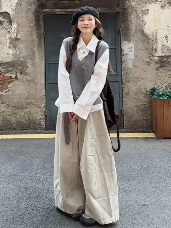【陈鱼白】2025秋季新款大码女装百搭慵懒休闲风翻领衬衫马甲阔腿裤